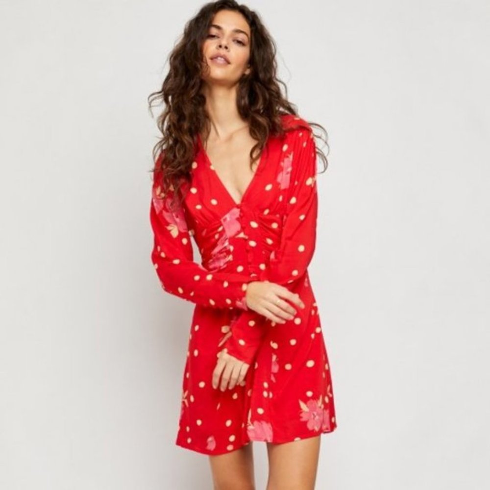NWT Free People Red Button Down Long Sleeve Date Night Mini Dress Strawberry XL